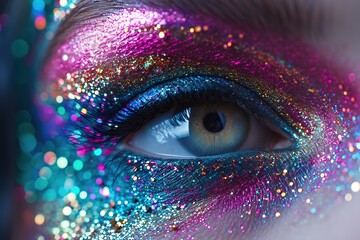 Eye makeup woman applying eyeshadow powder. Colorful eye makeup closeup. - obrazy, fototapety, plakaty