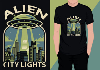 Retro Vintage Alien T-shirt Design,Alien City Lights T-Shirt Design