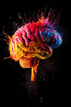 Creativity concept with a brain exploding in colors. Mind blown concept.