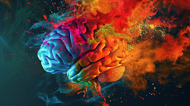 Creativity concept with a brain exploding in colors. Mind blown concept.