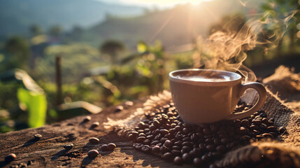 Hot coffee cup with organic coffee beans on the wooden table and the plantations background with - obrazy, fototapety, plakaty