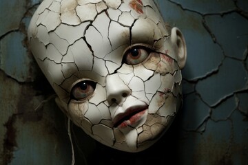 Eerie and weathered doll with cracked paint on its face - obrazy, fototapety, plakaty