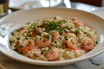 Fototapeta na wymiar Delicious food, tasty shrimp risotto dish at a restaurant