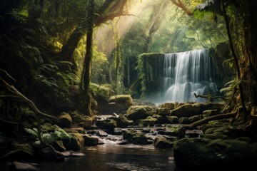 Dreamy forest landscape with a hidden waterfall in the background