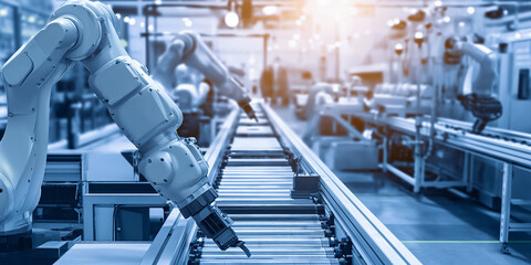 Roboter Arme in der Fabrik am Laufband zur Fertigung, ai generativ - obrazy, fototapety, plakaty