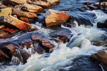 Dynamic water patterns in a river with rocky rapids