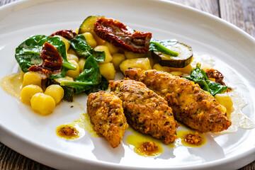 Fried chicken breast fillet with gnocchi and sun dried tomatoes on wooden table - obrazy, fototapety, plakaty