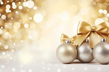 Naklejka na ściany i meble Three silver christmas ornaments with a gold bow glitter background