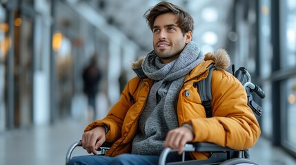 Man in Wheelchair Sitting in Building. Generative AI.