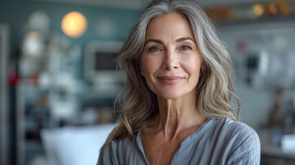 Woman With Grey Hair and Gray Shirt. Generative AI.