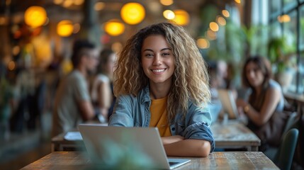Woman Sitting at Table With Laptop for Remote Work or Study. Generative AI.