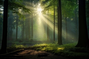 Ethereal forest scene with beams of sunlight creating a celestial glow