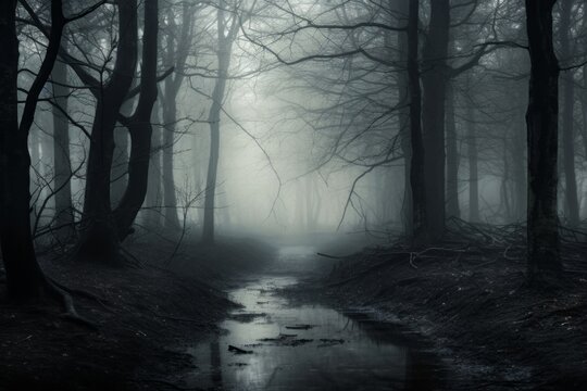 Enigmatic and mysterious wallpaper background with mist-covered trees in a forest