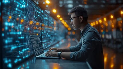 Man Working on Laptop Computer to Accomplish Tasks Efficiently. Generative AI.