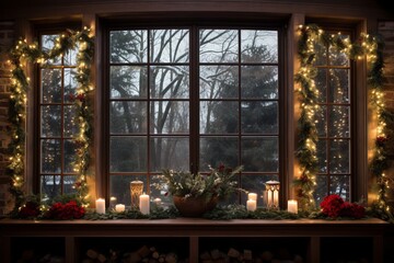 Festive window sill adorned with twinkling christmas lights and lush greenery