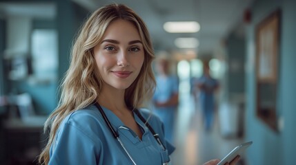 Woman in Scrubs Holding Cell Phone. Generative AI.