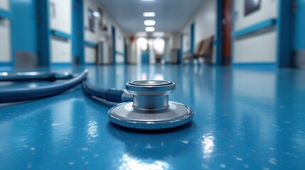 Blue Floor With Stethoscope - Medical Equipment on a Clean Space. Generative AI. - obrazy, fototapety, plakaty