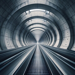Endless flight in a gray concrete tunnel