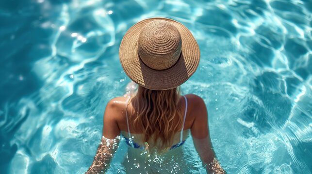 Woman in Hat Standing in Water on a Sunny Day. Generative AI.