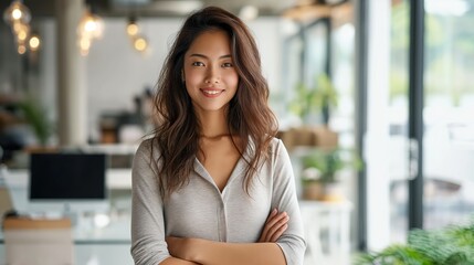 Woman Standing in Office With Arms Crossed - Professional Business Image. Generative AI.