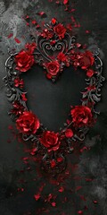 Heart shaped frame, border with red roses on black gothic background