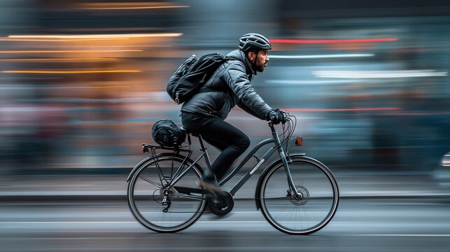 Man Riding Bike Down Street. Generative AI.