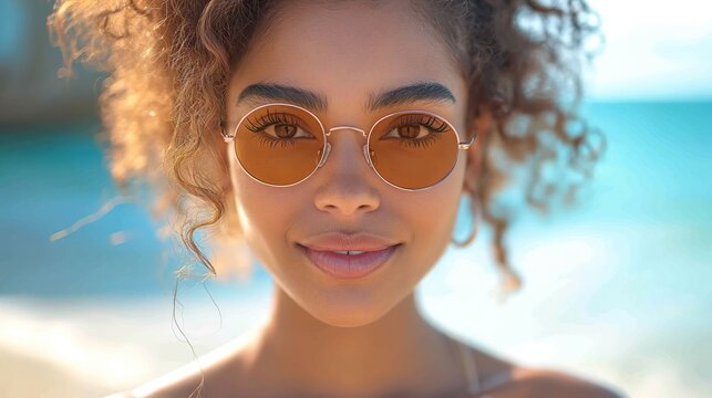 Woman Wearing Round Sunglasses, Fashion Accessory, Outdoor Eyewear, Stylish Shades. Generative AI.
