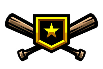 Baseball logo, crossed wooden bats and golden star, game achievement rating, battle award, reward signs. Sport games. Emblem, badge.