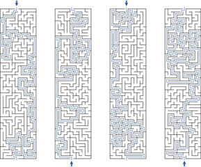 Batch of vertical long lenght rectangular labyrinths. Set of stretched mazes with solutions. Black and white riddles collection. Brainstorm puzzle for books, print, web games.