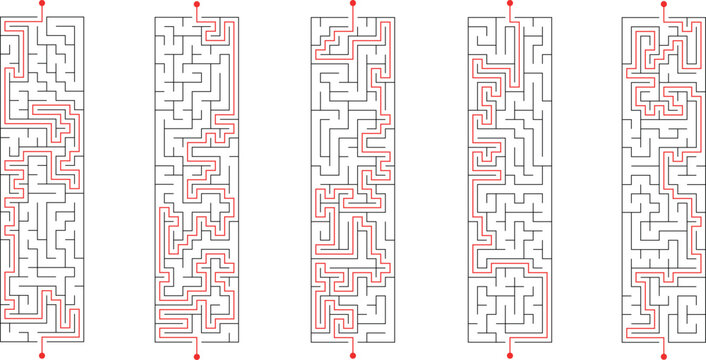 Batch of vertical long lenght rectangular labyrinths. Set of stretched mazes with solutions. Black and white riddles collection. Brainstorm puzzle for books, print, web games.