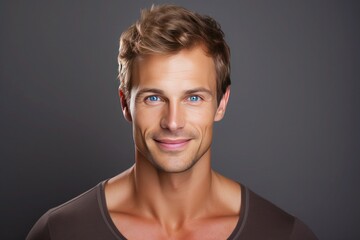 Portrait of a handsome tanned young man with blond hair and blue eyes in a brown T-shirt on gray background - obrazy, fototapety, plakaty