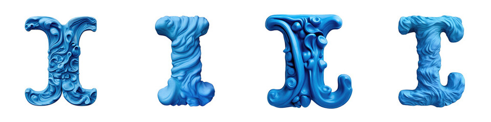 Blue Plasticine style lettering, alphabet, logotype, letter I isolated on a transparent background
