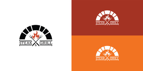 Firewood Brick Oven Grill Barbecue BBQ with Crossed Fork and Fire Flame Logo Design Inspiration presented with multiple background colors and it is suitable for food and restaurant logo design
