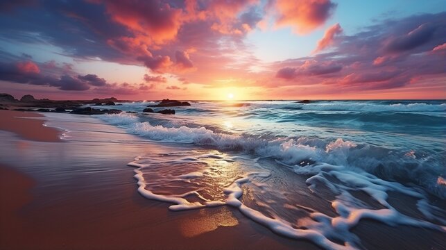 Beach sunset with pink clouds and blue water