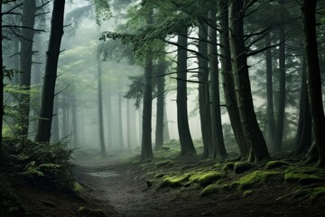 Mystic forest shrouded in early morning fog