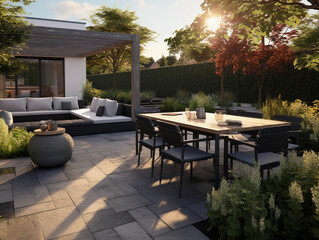 Modern back patio - garden and backyard with seating and place to entertain and cook 