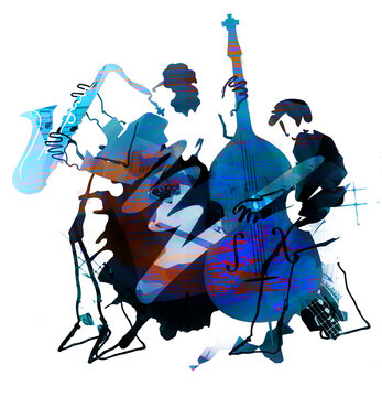 Jazz theme,Contrabass musician and saxophonist.
 Expressive Illustration of two jazz musicians on grunge background with music notes. Isolated on white.