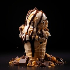 Delicious Chocolate Drizzled Ice Cream Cone Close-Up