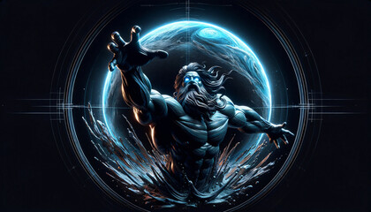 A 3D render of Zeus as a bodybuilder in a dynamic pose, reaching for a star, centered and isolated on a black background with blue and black tones