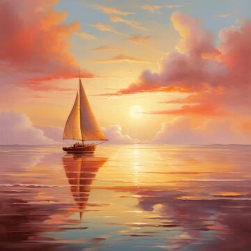 a painting of a sailboat in the ocean at sunset