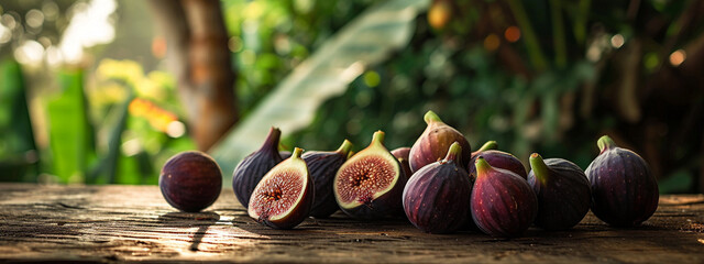 figs in a wooden background on a nature background. - obrazy, fototapety, plakaty