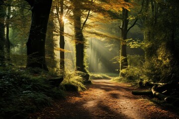 Sunlit forest glen with a carpet of fallen leaves in autumn - obrazy, fototapety, plakaty