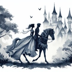 Knight and horse with princess. Fairy tale prince and princess on horse.