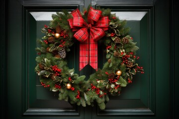 Fototapeta na wymiar Traditional red and green Christmas wreath flatlay with holly berries, bows, and a festive door