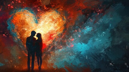 Couple in love embracing each other against the background of an explosion