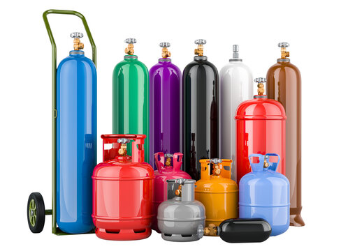 Set of different industrial liquefied gas cylinders with hand truck. Delivery Service, concept. 3D rendering isolated on transparent background