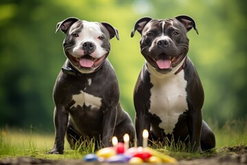 two Staffordshire Bull Terriers celebrate their birthday. a festive atmosphere and a cake with candles on a festive background. beloved pets.