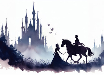 Fairy tale prince and princess silhouette on horse walking to castle.