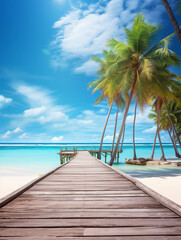 Fototapeta premium paradise beach with turquoise water, wooden pier and tropical palm trees, 