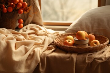 Fototapeta na wymiar Wholesome fall tabletop mockup with a basket of apples, a pie, and a cozy blanket